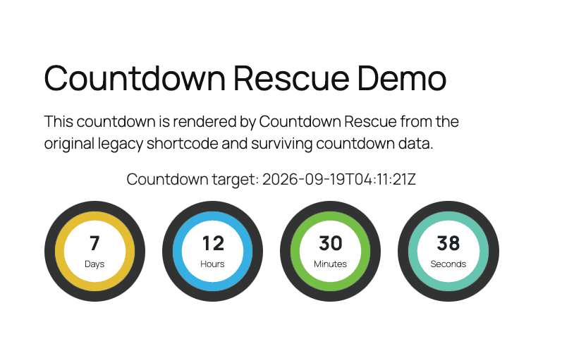 Demostración del frontend de Countdown Rescue mostrando un contador con días, horas, minutos y segundos restaurado desde el shortcode legacy original.