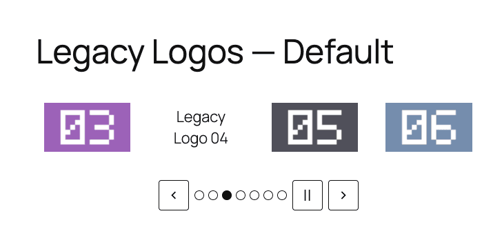 Logo Rescue frontend carousel displaying legacy logos with previous, pause, next, and pagination controls