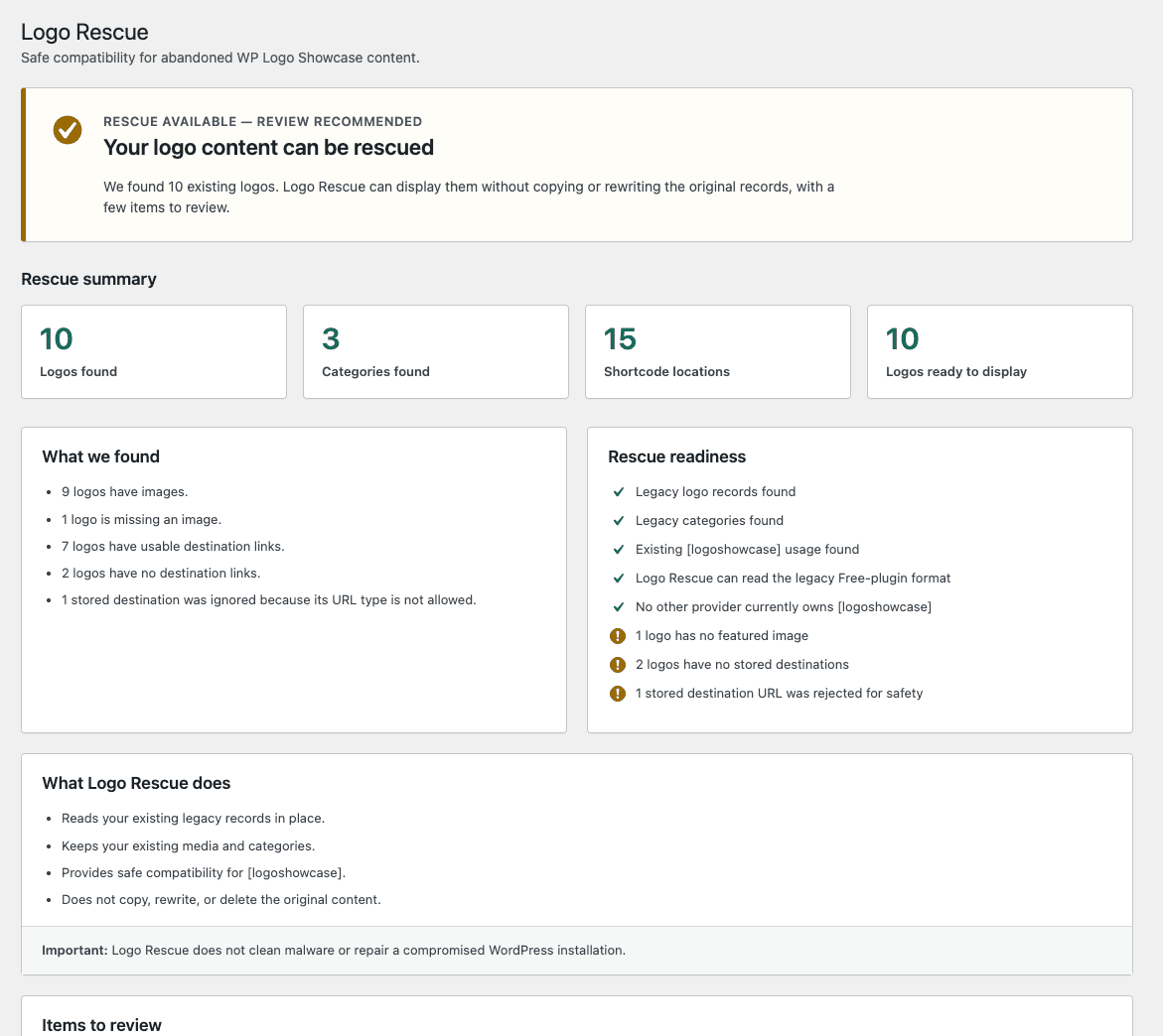 Logo Rescue dashboard showing legacy logos, categories, shortcode locations, readiness checks, and items to review